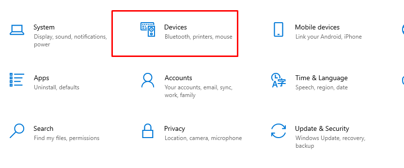 Next, click on “Devices.” This section manages all your connected devices like Bluetooth, printers, and more.