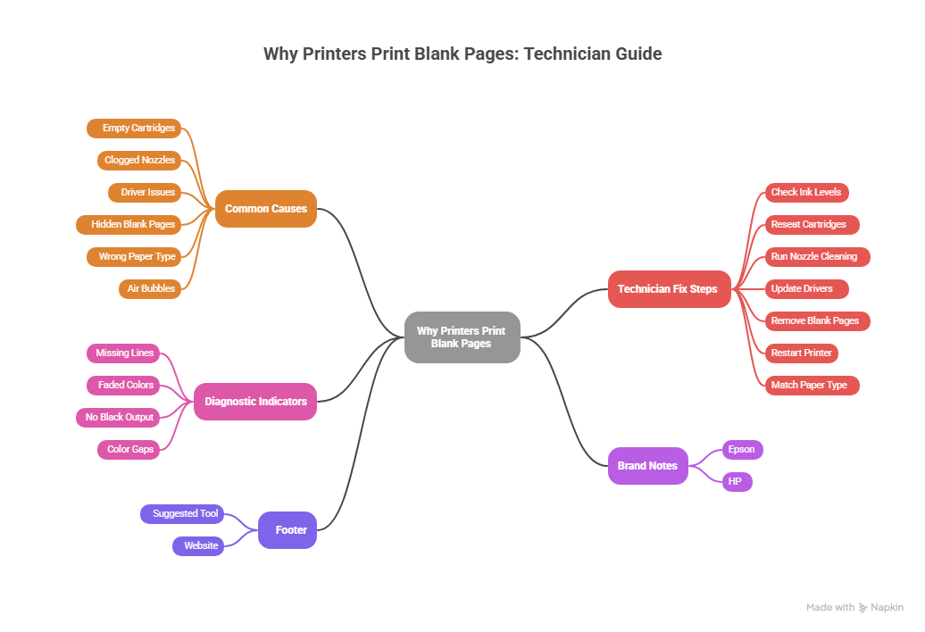 Infographic showing why printers print blank pages, including common causes like clogged nozzles, empty cartridges, driver issues, and air bubbles, along with technician-style troubleshooting steps and diagnostic test page indicators. 