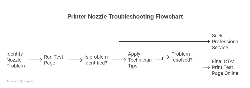 “Infographic explaining printer nozzle problems, types of nozzles, common print defects, test page diagnosis, and expert troubleshooting tips.”