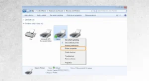 Printing a test page from Windows printer settings.