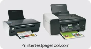 Lexmark printer printing a colorful test page sheet