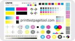 Close-up of a printed test page showing color blocks and text lines