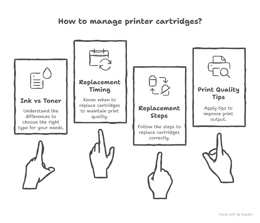 Lexmark ink and toner infographic showing cartridge types, replacement steps, and print tips