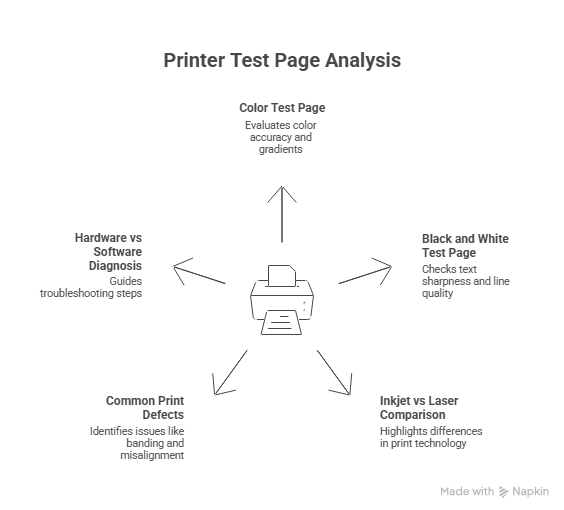 Infographic explaining printer test pages and how to diagnose print quality issues