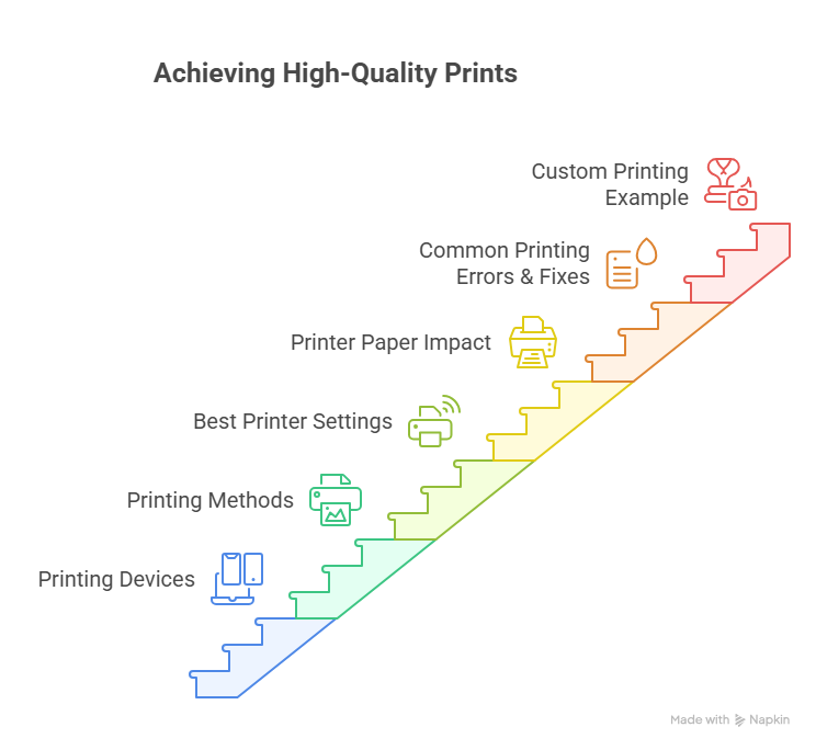 Infographic explaining printing how-to guides 2026 including devices, settings, paper quality and printing methods