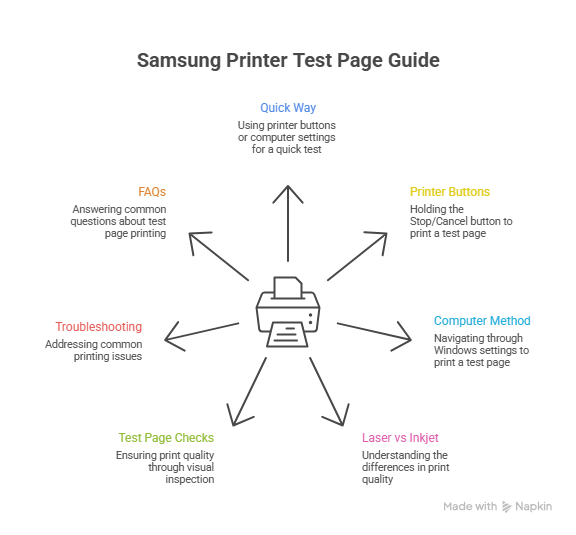 "Infographic showing step-by-step guide on how to print a test page on all Samsung printer models, including methods using printer buttons and computer, laser vs inkjet info, and test page checklist."