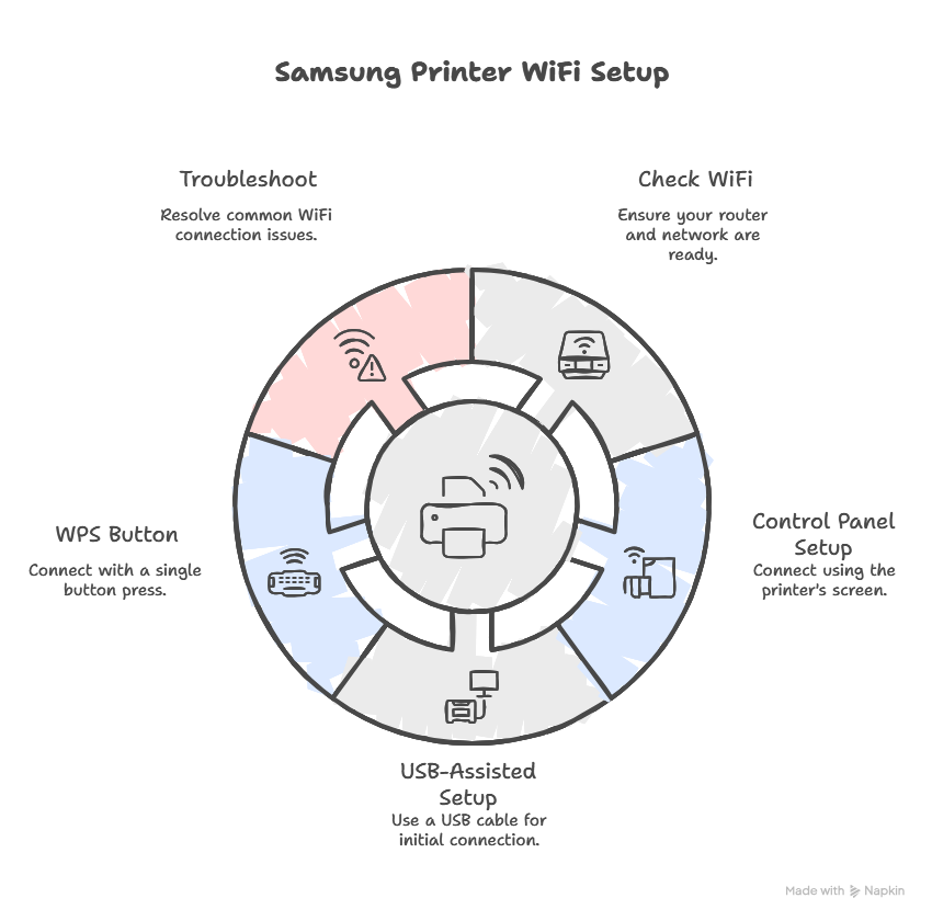 Infographic showing Samsung printer WiFi setup steps and troubleshooting