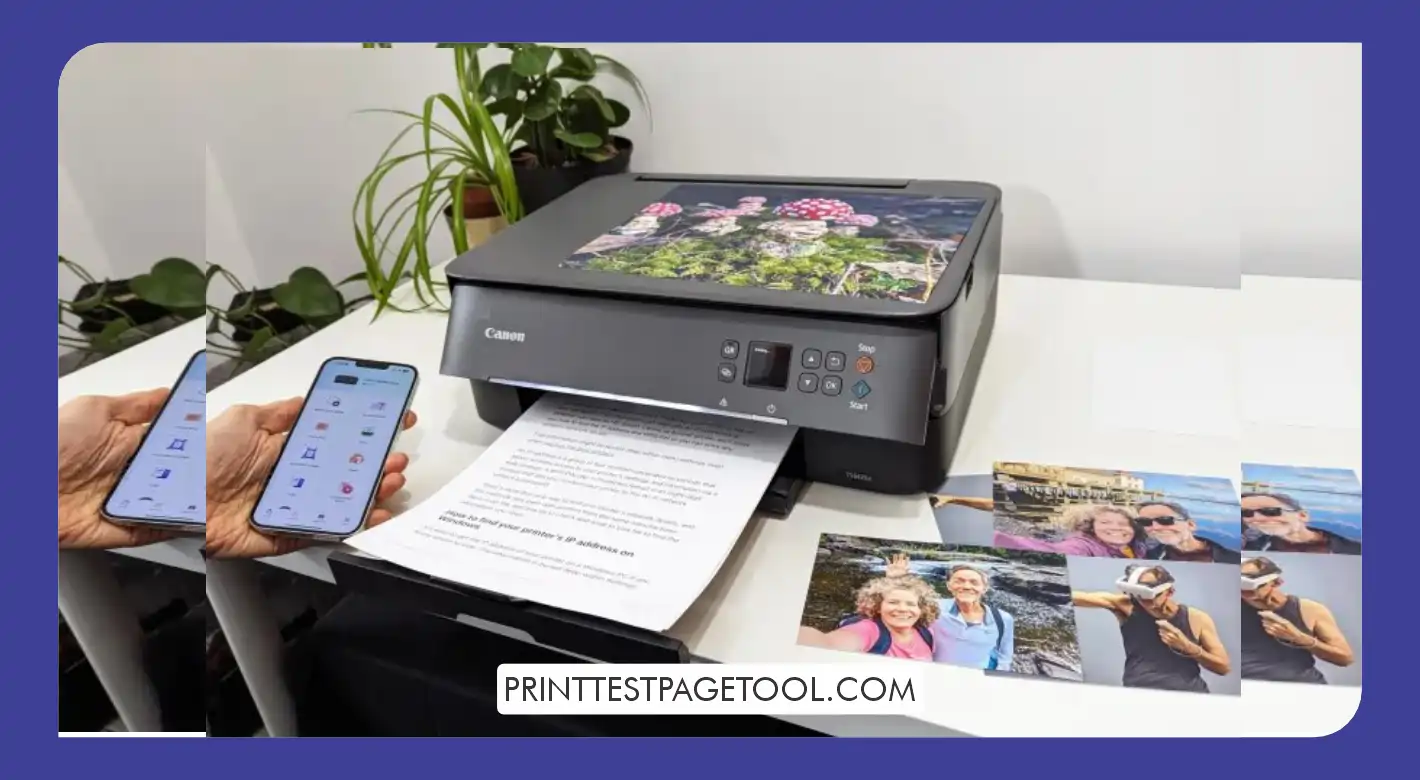 Canon printer printing a test page on a clean desk