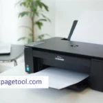 : Lexmark printer printing a test page on a modern home office desk