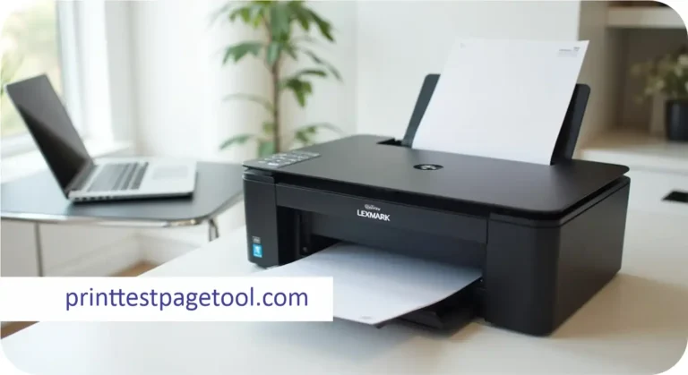: Lexmark printer printing a test page on a modern home office desk