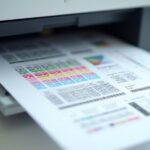 Printer test page showing color blocks, alignment patterns, and print quality diagnostics