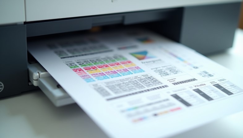 Printer test page showing color blocks, alignment patterns, and print quality diagnostics