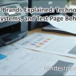 Comparison of printer brands showing different test page outputs and printing technologies