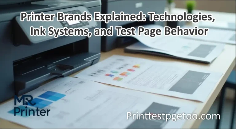 Comparison of printer brands showing different test page outputs and printing technologies