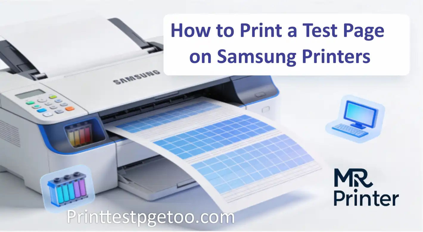 "Feature image of a Samsung printer printing a test page, showing methods for all models including buttons and computer settings, highlighting laser and inkjet printers."